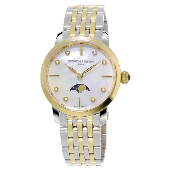Frederique Constant Slimline Moon Phase women's watch with yellow gold and stainless steel case and bracelet model FC206MPWD1S3B