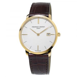 Frederique Constant Slimline midsize, date men's watch with yellow gold plated case and brown leather strap model FC220V5S5