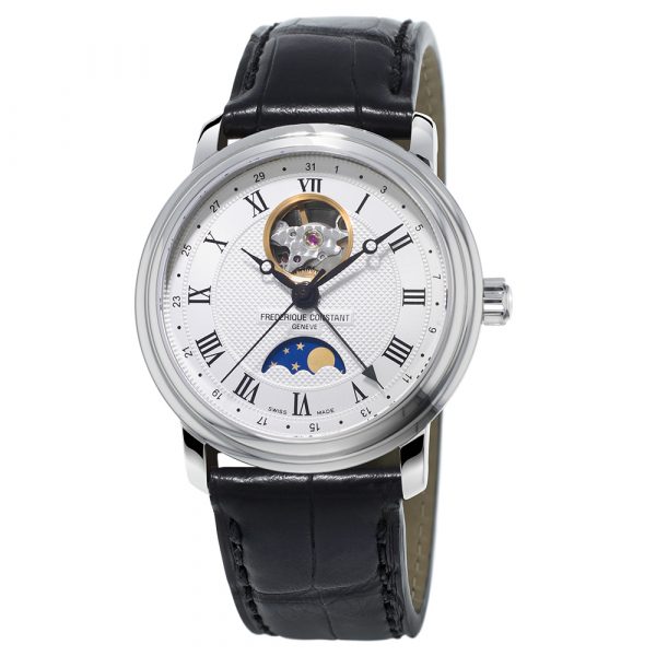 Frederique Constant Heart Beat Moonphase automatic men's watch with stainless steel case and black leather strap model FC335MC4P6