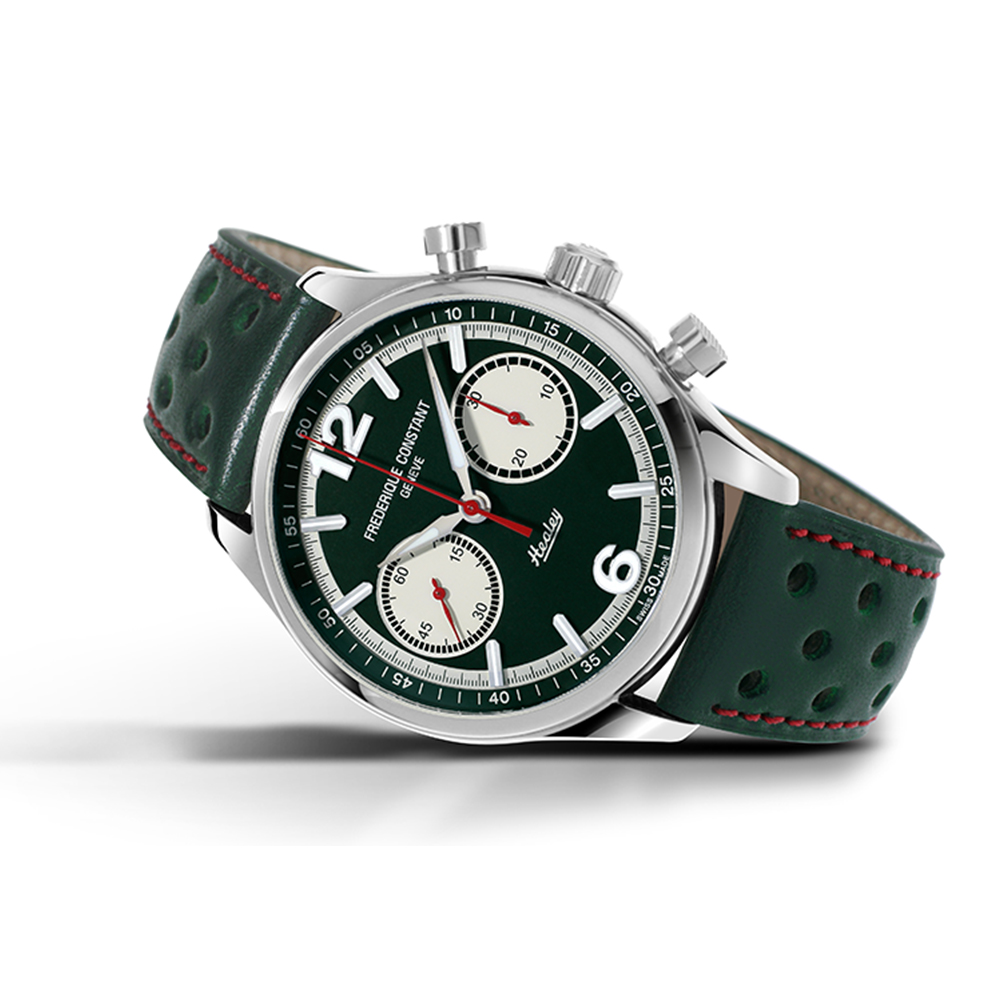 Frederique Constant Vintage Rally Healey limited edition men's watch with stainnless steel case and green dial and leather strap model FC397HGR5B6