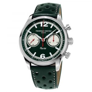 Frederique Constant Vintage Rally Healey limited edition men's watch with stainnless steel case and green dial and leather strap model FC397HGR5B6