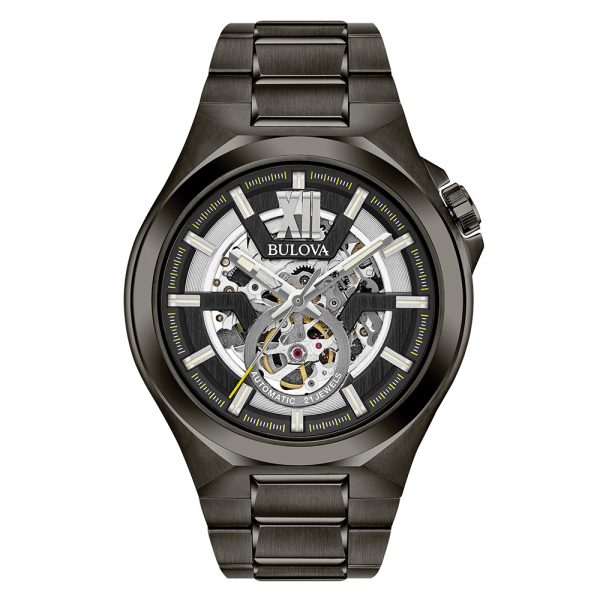Bulova Maquina Skeleton Automatic men's watch with gunmetal IP case and bracelet model 98A179