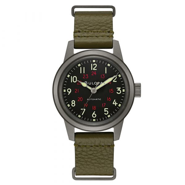 Bulova Hack Military Automatic men's watch with grey stainless steel case and leather strap model 98A255