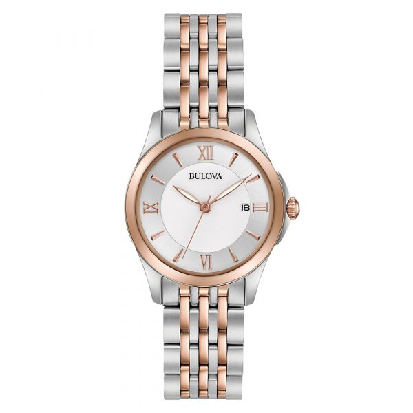 Bulova 98M125 Classic Collection women's watch with rose gold tone and stainless steel case and bracelet model 98M125
