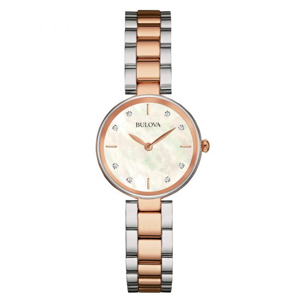 Bulova Classic Collection Diamond women's watch with rose gold tone and stainless steel case and bracelet model 98S147