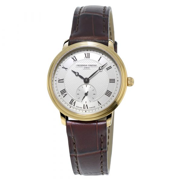 Frederique Constant Slimline Ladies watch with yellow gold plated case and brown leather strap model FC235M1S5