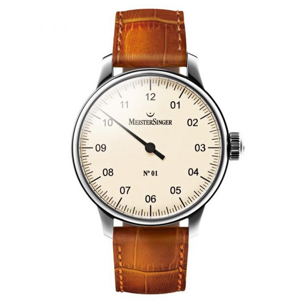 MeisterSinger No.01 43mm hand wound, stainless steel case men's watch with ivory dial and tan brown leather strap model AM3303_SG03