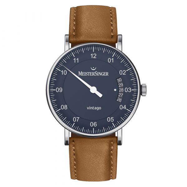 MeisterSinger Vintago men's watch with blue dial and tan leather strap model VT908_SN08