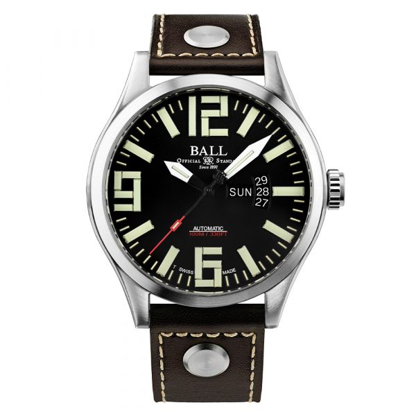 Ball Engineer Master II Aviator men's automatic pilot watch with stainless steel case and leather strap model NM1080C-L14A-BK