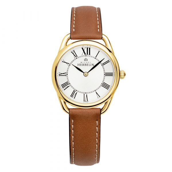 Michel Herbelin Equinoxe women's watch with yellow gold PVD case and tan brown leather strap model 17497-P08GO