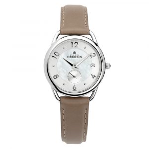 Michel Herbelin Equinoxe women's watch with stainless steel case and taupe leather strap model 18397-29GR