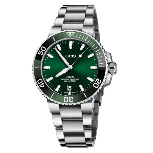 Oris Aquis Clean Ocean men's watch with green dial and stainless steel case and bracelet model 0173377324157-0782105PEB