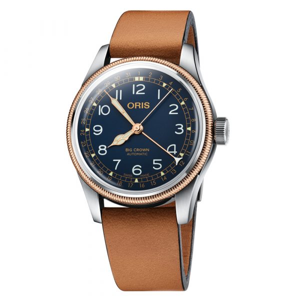 Oris Big Crown Pointer Date automatic men's watch with stainless steel and gold case and tan brown strap model 0175477414365-0752071