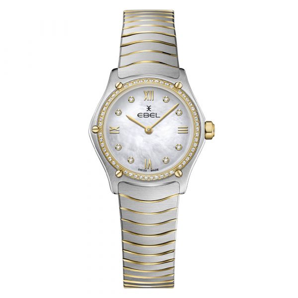 EBEL Sport Classic women's watch with stainless steel and 18K yellow gold case set with 53 diamonds, white mother of pearl dial set with 8 diamonds and two tone bracelet model 1216412