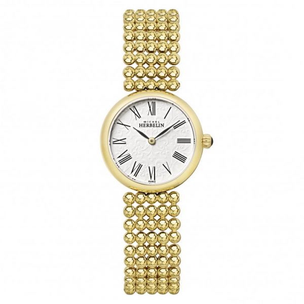 Michel Herbelin Perle women's watch with white textured dial and yellow gold PVD bracelet model 17483-BP08