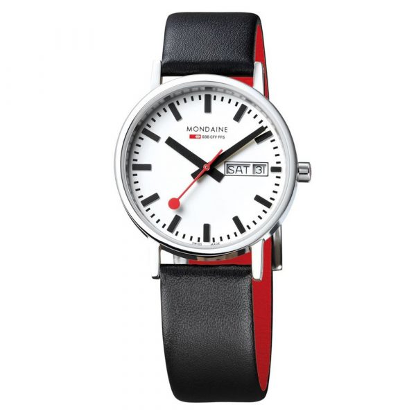 Mondaine Classic 36mm stainless steel case and black leather strap model A667.30314.11SBB