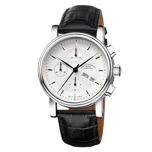 Muhle Glashutte Teutonia II Chronograph Day Date men's watch with white dial and black leather strap model M1-30-95-LB