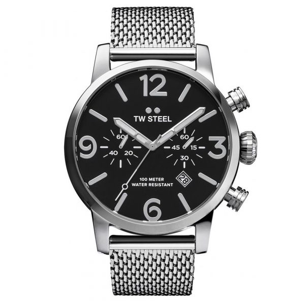 TW Steel Maverick men's watch with 48mm case, black dial and stainless steel Milanese bracelet model MB14