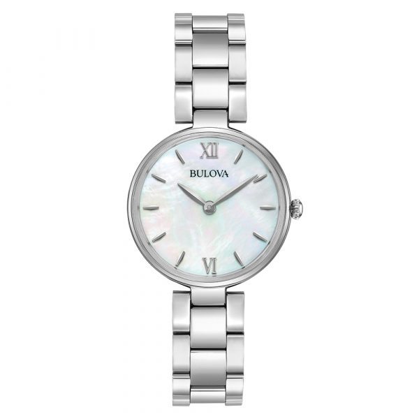 Bulova Classic women's stainless steel bracelet watch with white mother of pearl dial model 96L229