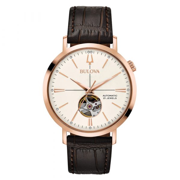 Bulova Classic Aerojet men's watch with rose gold tone case and brown leather strap model 97A136