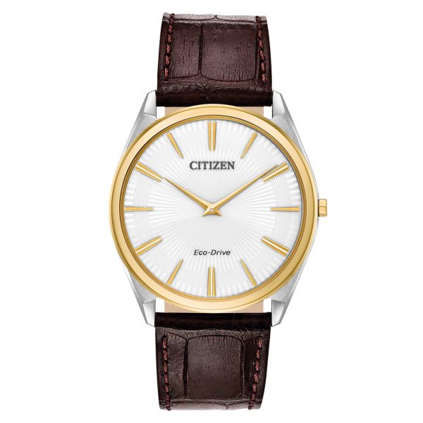 Citizen Stiletto men's watch with stainless steel and gold tone case and brown leather strap model AR3074-03A