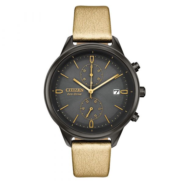 Citizen Silhouette women's chronograph watch with black IP case and gold leather strap model FB2007-04H