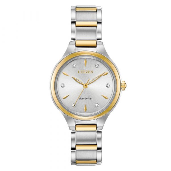 Citizen Silhouette Diamond women's bracelet watch with 6 diamond set silver dial and two tone stainless steel and yellow gold tone 29mm case model FE2104-50A