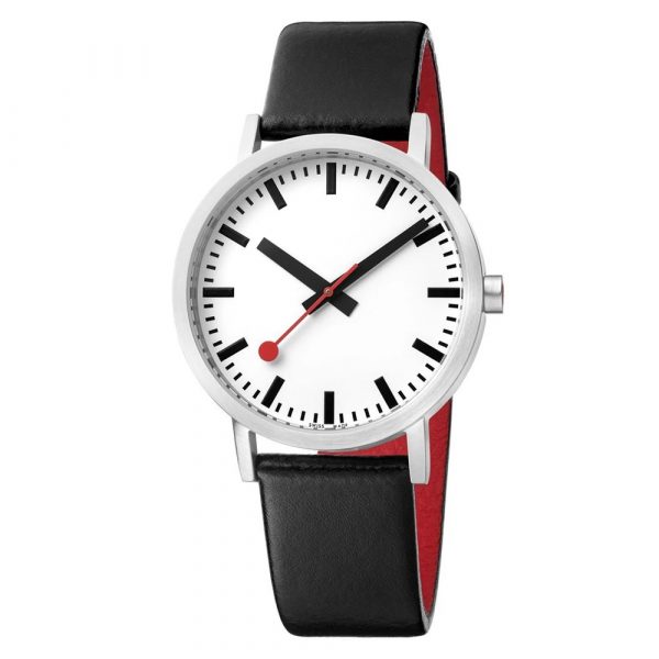 Mondaine Classic watch with black leather strap, white dial and 40mm stainless steel case model A660-30360-16OM