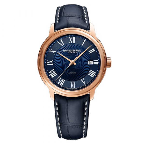 Raymond Weil Maestro men's watch with rose gold PVD case and blue leather strap and dial model 2237-PC5-00508