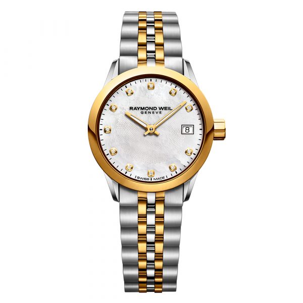 Raymond Weil Freelancer 26mm case stainless steel and yellow gold PVD and white mother of pearl dial set with 11 diamonds model 5626-STP-97081