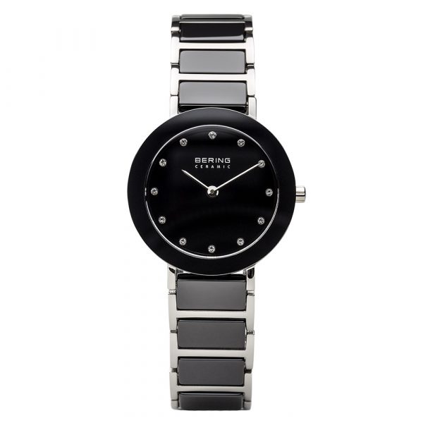 Bering black ceramic women's watch with stainless steel case and bracelet and black dial model 11429-742