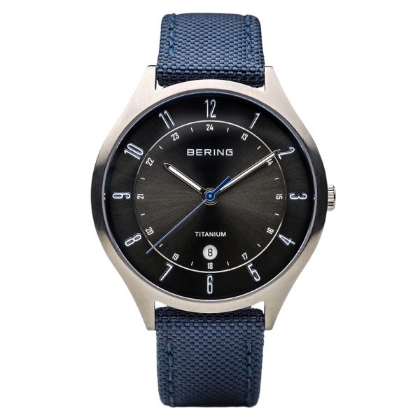 Bering Titanium men's watch with black dial and blue textile strap model 11739-873