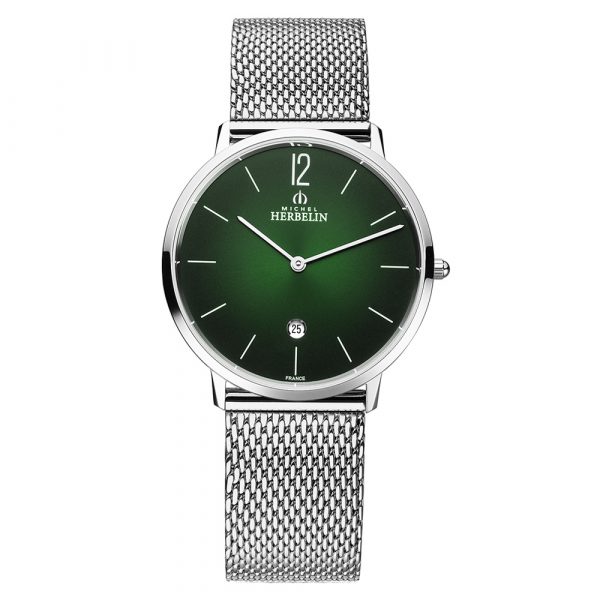 Michel Herbelin City men's watch with green dial and stainless steel case and mesh bracelet model 19515-16NB