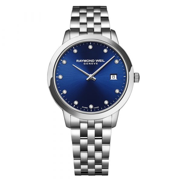 Raymond Weil Toccata women's watch with 34mm stainless steel case and bracelet, blue 11 diamond set dial model 5385-ST-50081