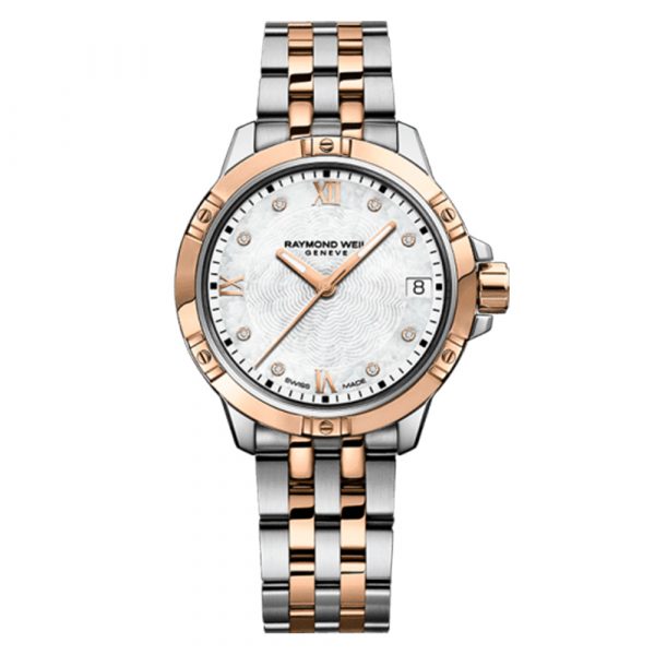 Raymond Weil Tango women's watch with rose gold plate and stainless steel 30mm case and bracelet with mother of pearl, diamond set dial model 5960-SP5-00995