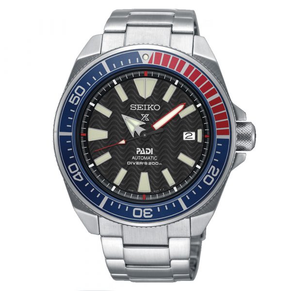 Seiko Prospex Samurai PADI divers watch with black dial and stainless steel case and bracelet model SRPB99K1