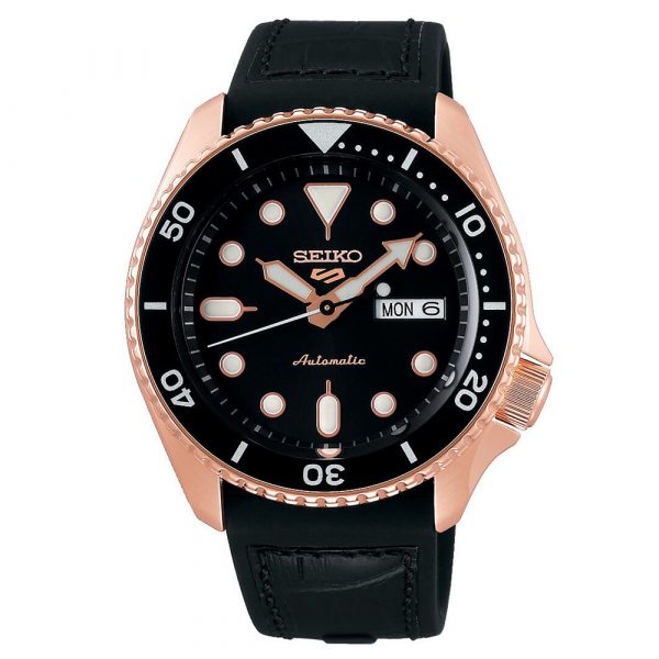 Seiko 5 Sports men's watch with rose gold IP case with black dial and silicone strap model SRPD76K1