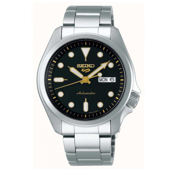 Seiko 5 Sport automatic watch with black dial and stainless steel case and bracelet model SRPE57K1