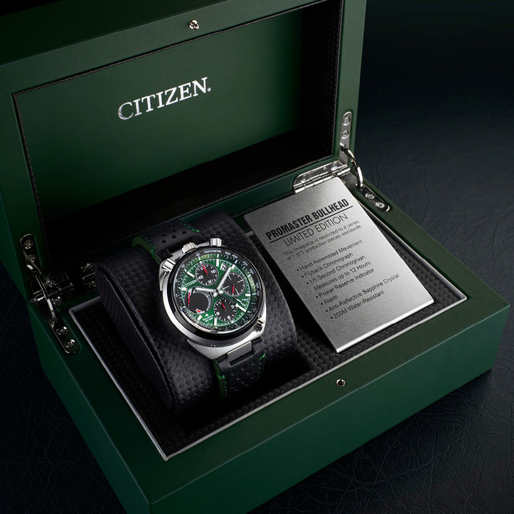 Citizen Promaster Bullhead Racing limited edition chronograph men's watch with green dial and black leather strap model AV0076-00X