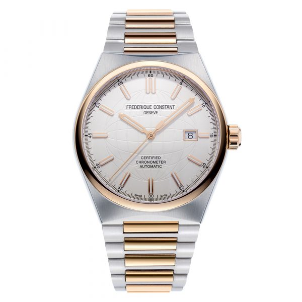 Frederique Constant Highlife automatic COSC chronometer men's watch with white dial and rose gold and stainless steel case and bracelet model FC303V4NH2B
