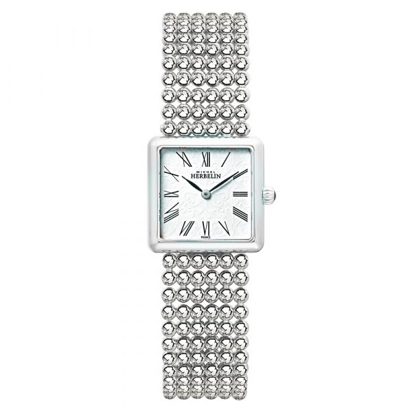 Michel Herbelin Perle women's watch with stainless steel square case and bead bracelet model 17493-B08