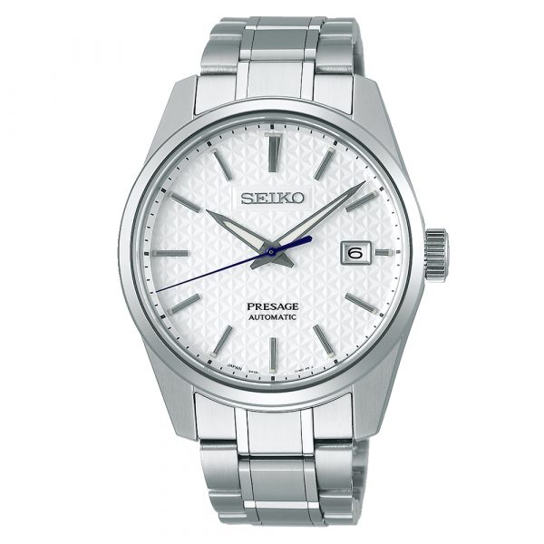 Seiko Presage Sharp Edged series men's watch with white dial and stainless steel case and bracelet model SPB165J1