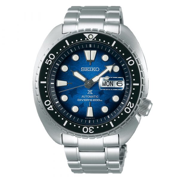 Seiko Prospex Save The Ocean King Turtle Manta Ray men's watch with blue dial and stainless steel case and bracelet model SRPE39K1
