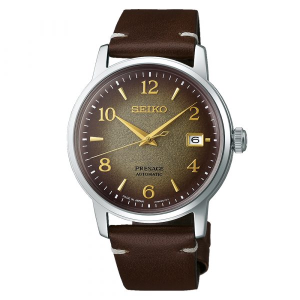 Seiko Presage Hojicha Cocktail Time men's automatic watch with brown dial and brown leather strap model SRPF43J1