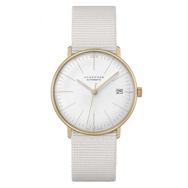 Junghans Max Bill 34mm case automatic watch with white dial and white textile strap model 027-7006.04
