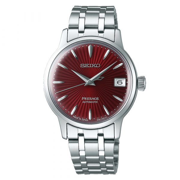 Seiko Presage Kir Royale women's watch with red dial and stainless steel case and bracelet model SRP853J1