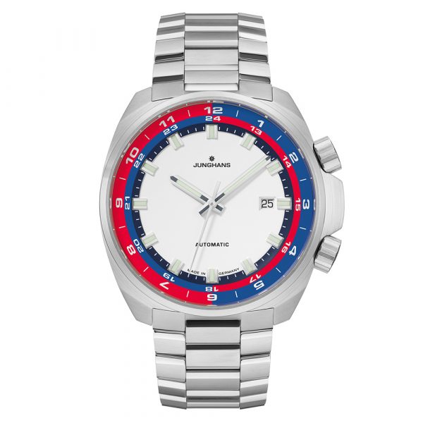 Junghans Automatic 1972 FIS edition limited edition men's watch with stainless steel case and bracelet and white, red and blue dial model 027-4160.44