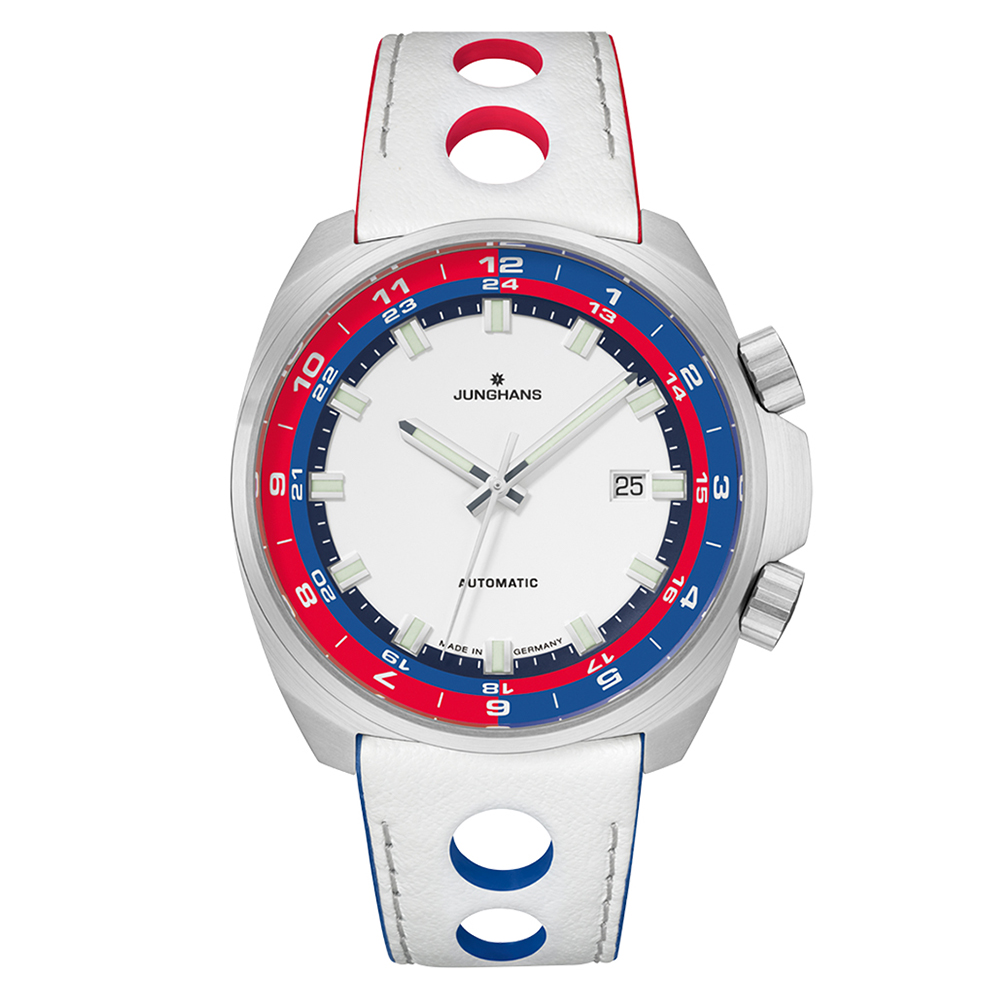 Junghans Automatic 1972 FIS edition limited edition men's watch with stainless steel case, white strap and white, red and blue dial model 027-4160.44
