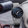 MeisterSinger Neo Pointer Date men's watch with stainless steel Milanese bracelet and blue dial model NED417_MLN20