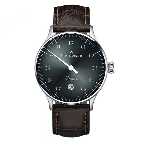 MeisterSinger Pangaea Date men's watch with black dial and brown leather strap model PMD907D